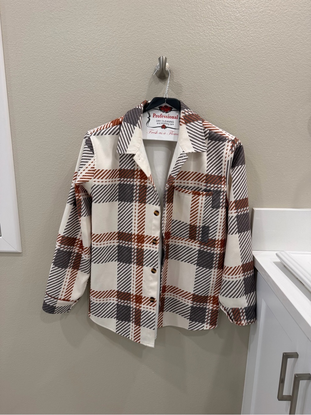 Plaid Button-Up Shacket in Cream, Rust & Charcoal